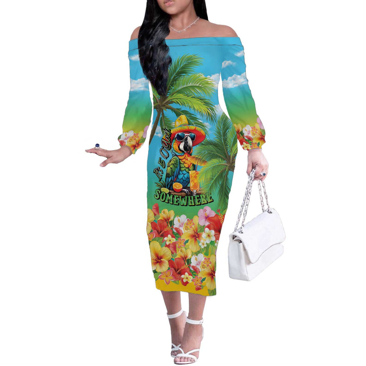 Always 5 O'clock Off The Shoulder Long Sleeve Dress Hawaiian Tropical Parrot LT9 Women Blue - Polynesian Pride