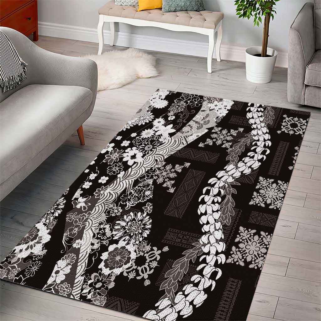 Hawaii Puakenikeni and Maile Lei Area Rug Black Japanese Wave Style - Polynesian Pride