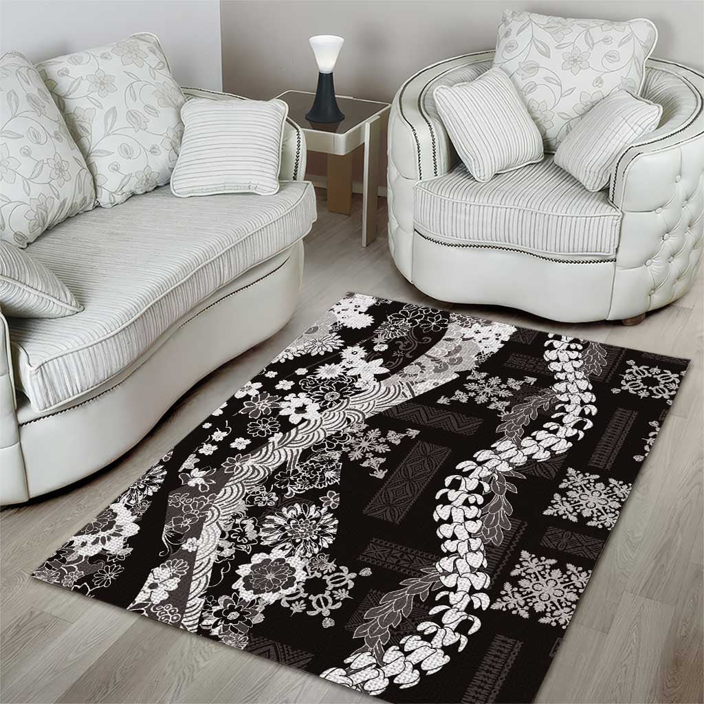 Hawaii Puakenikeni and Maile Lei Area Rug Black Japanese Wave Style - Polynesian Pride