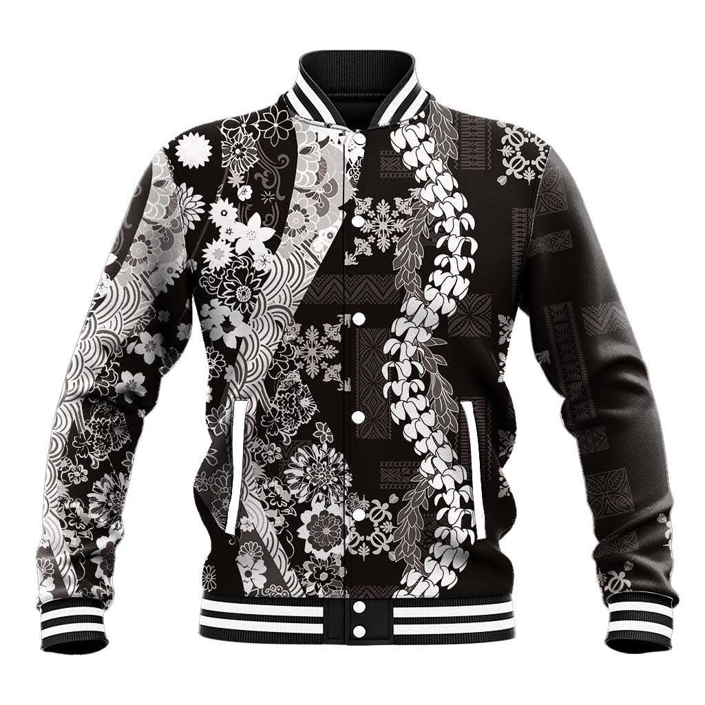 Hawaii Puakenikeni and Maile Lei Baseball Jacket Black Japanese Wave Style - Polynesian Pride