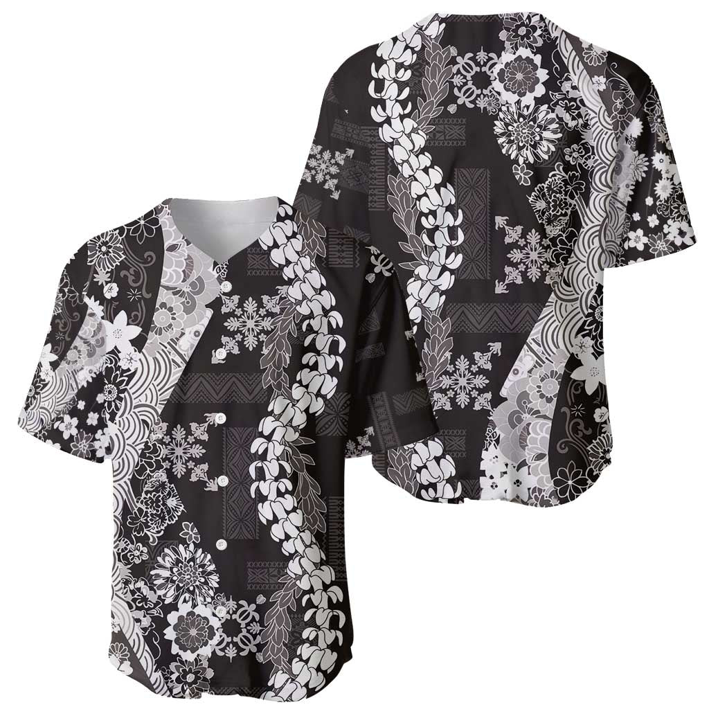 Hawaii Puakenikeni and Maile Lei Baseball Jersey Black Japanese Wave Style - Polynesian Pride