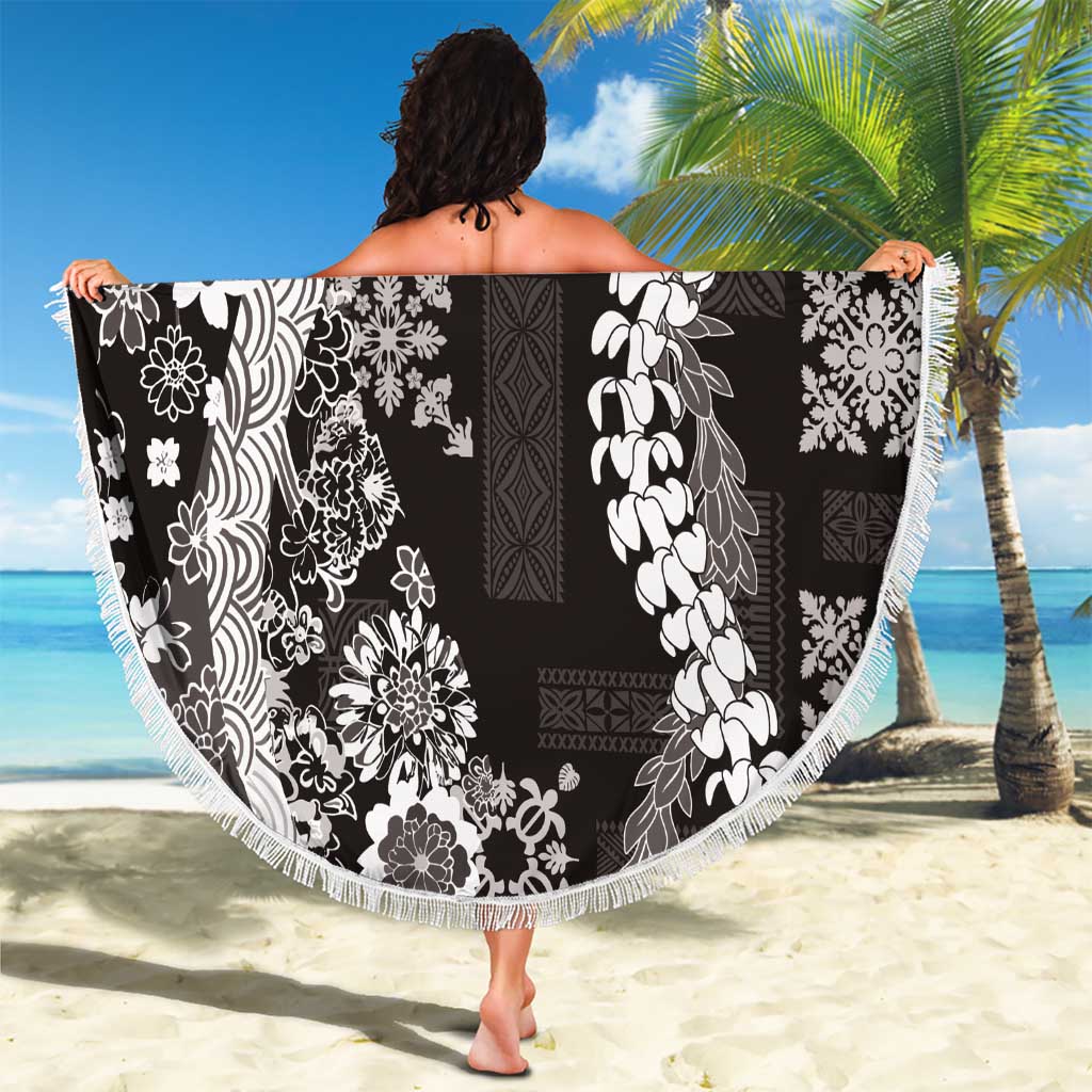 Hawaii Puakenikeni and Maile Lei Beach Blanket Black Japanese Wave Style - Polynesian Pride