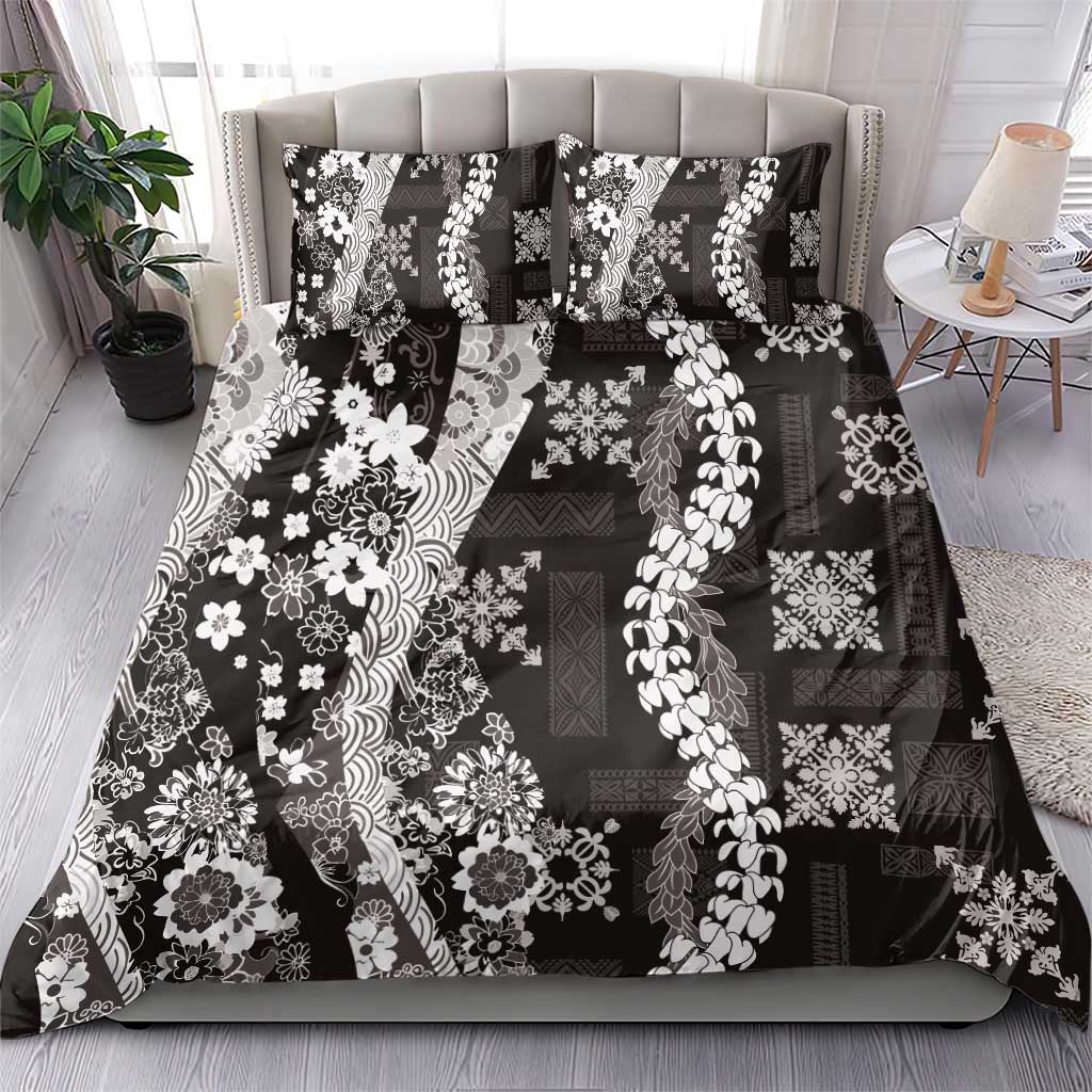 Hawaii Puakenikeni and Maile Lei Bedding Set Black Japanese Wave Style - Polynesian Pride