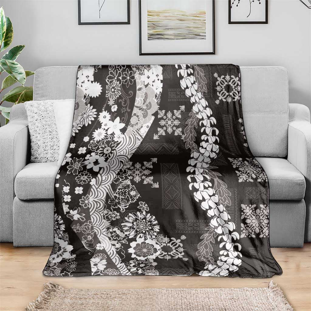 Hawaii Puakenikeni and Maile Lei Blanket Black Japanese Wave Style - Polynesian Pride