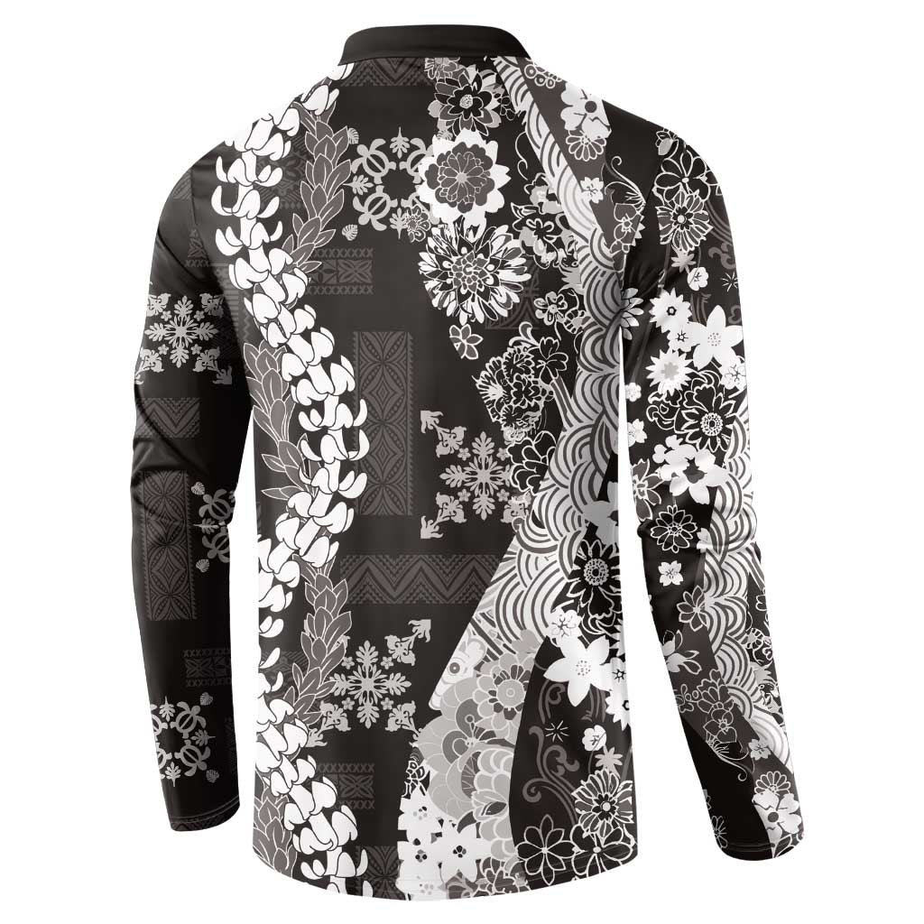 Hawaii Puakenikeni and Maile Lei Button Sweatshirt Black Japanese Wave Style - Polynesian Pride