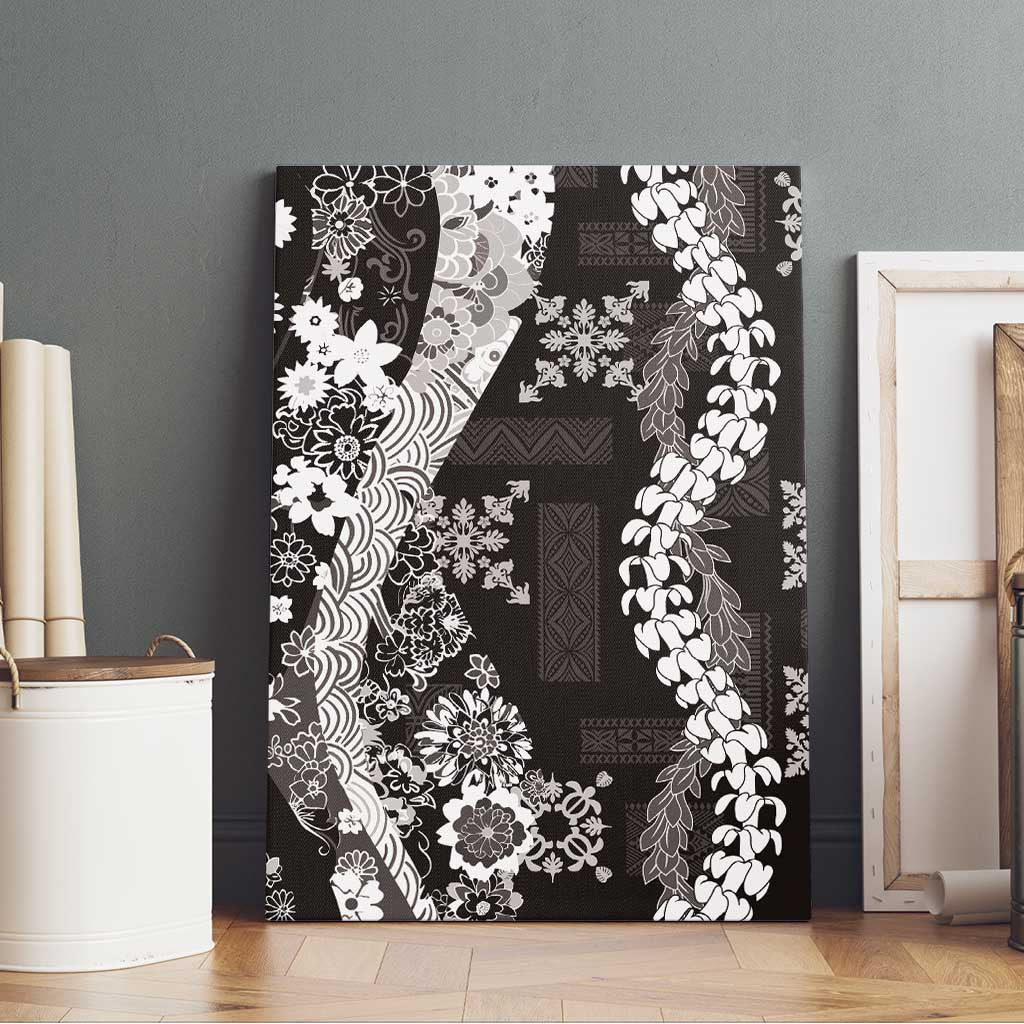 Hawaii Puakenikeni and Maile Lei Canvas Wall Art Black Japanese Wave Style - Polynesian Pride