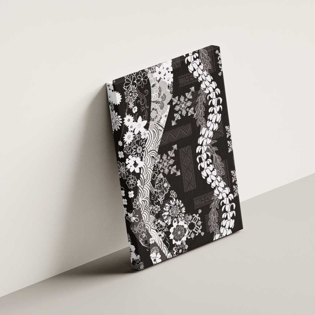Hawaii Puakenikeni and Maile Lei Canvas Wall Art Black Japanese Wave Style - Polynesian Pride