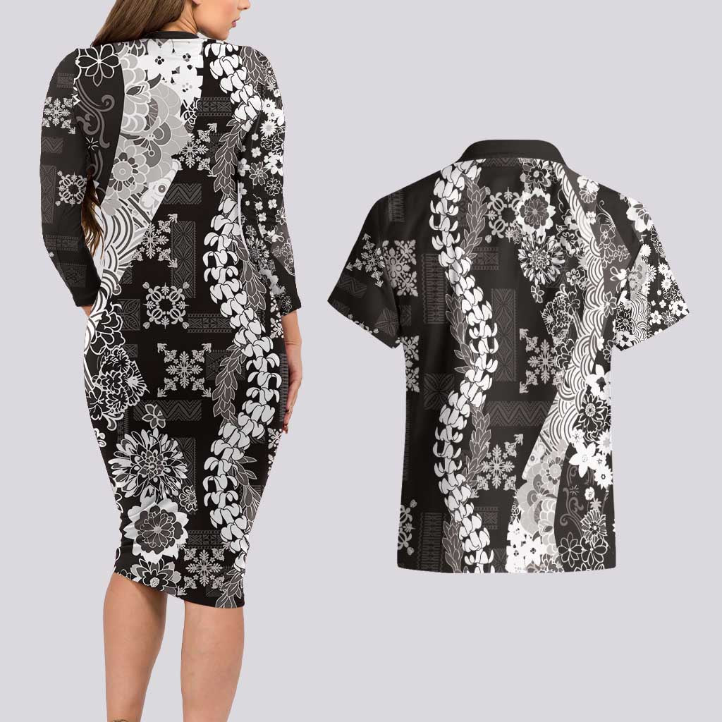 Hawaii Puakenikeni and Maile Lei Couples Matching Long Sleeve Bodycon Dress and Hawaiian Shirt Black Japanese Wave Style - Polynesian Pride