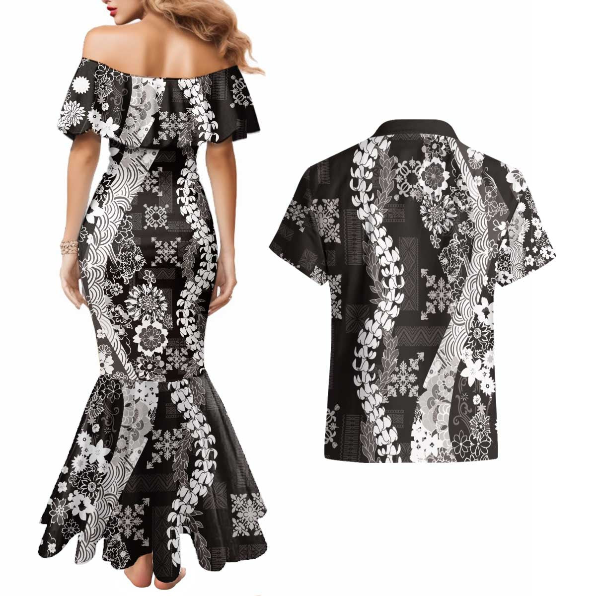 Hawaii Puakenikeni and Maile Lei Couples Matching Mermaid Dress and Hawaiian Shirt Black Japanese Wave Style - Polynesian Pride