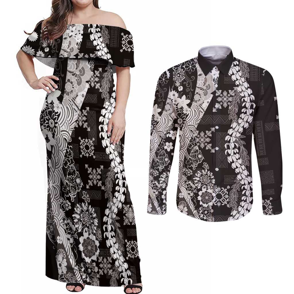 Hawaii Puakenikeni and Maile Lei Couples Matching Off Shoulder Maxi Dress and Long Sleeve Button Shirt Black Japanese Wave Style - Polynesian Pride