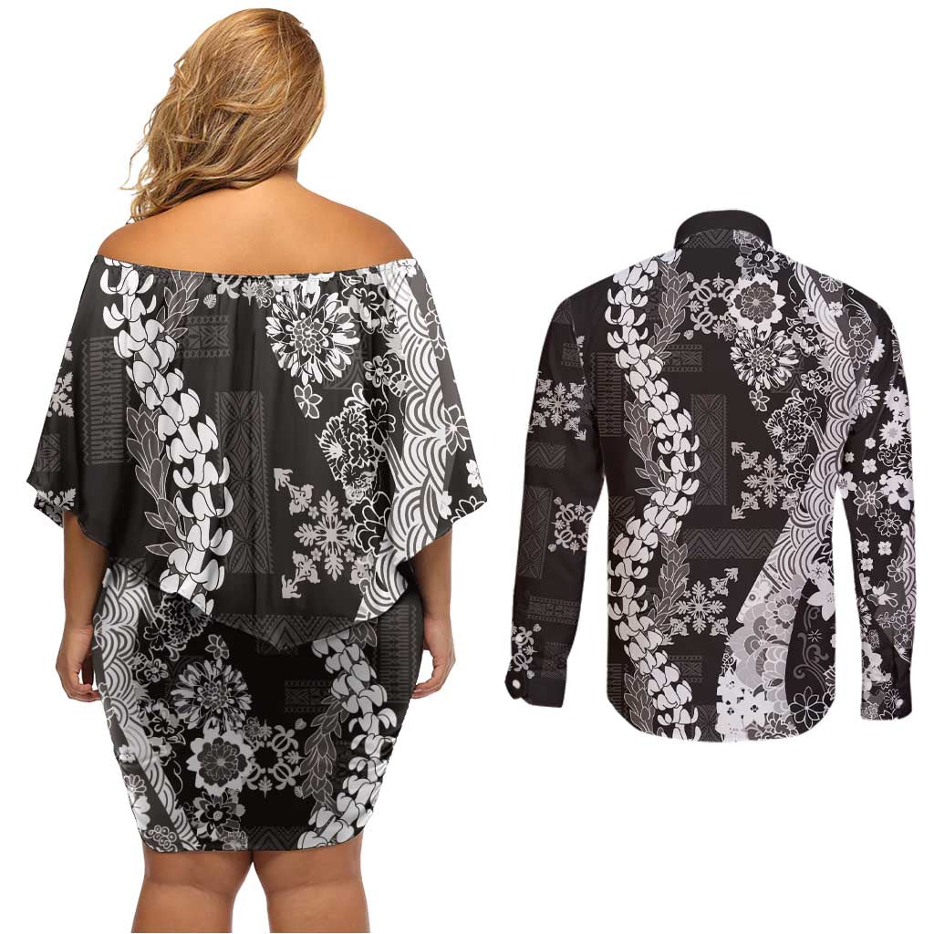 Hawaii Puakenikeni and Maile Lei Couples Matching Off Shoulder Short Dress and Long Sleeve Button Shirt Black Japanese Wave Style - Polynesian Pride