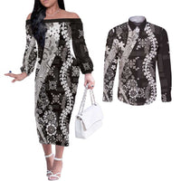 Hawaii Puakenikeni and Maile Lei Couples Matching Off The Shoulder Long Sleeve Dress and Long Sleeve Button Shirt Black Japanese Wave Style - Polynesian Pride