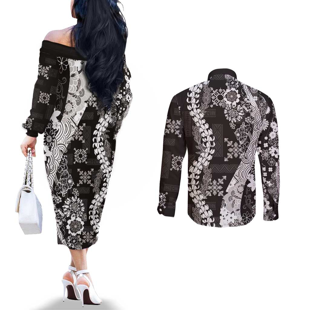 Hawaii Puakenikeni and Maile Lei Couples Matching Off The Shoulder Long Sleeve Dress and Long Sleeve Button Shirt Black Japanese Wave Style - Polynesian Pride