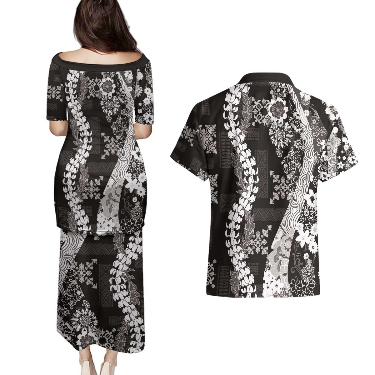 Hawaii Puakenikeni and Maile Lei Couples Matching Puletasi and Hawaiian Shirt Black Japanese Wave Style - Polynesian Pride