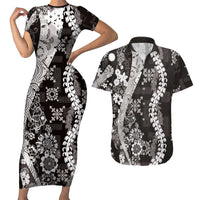 Hawaii Puakenikeni and Maile Lei Couples Matching Short Sleeve Bodycon Dress and Hawaiian Shirt Black Japanese Wave Style - Polynesian Pride