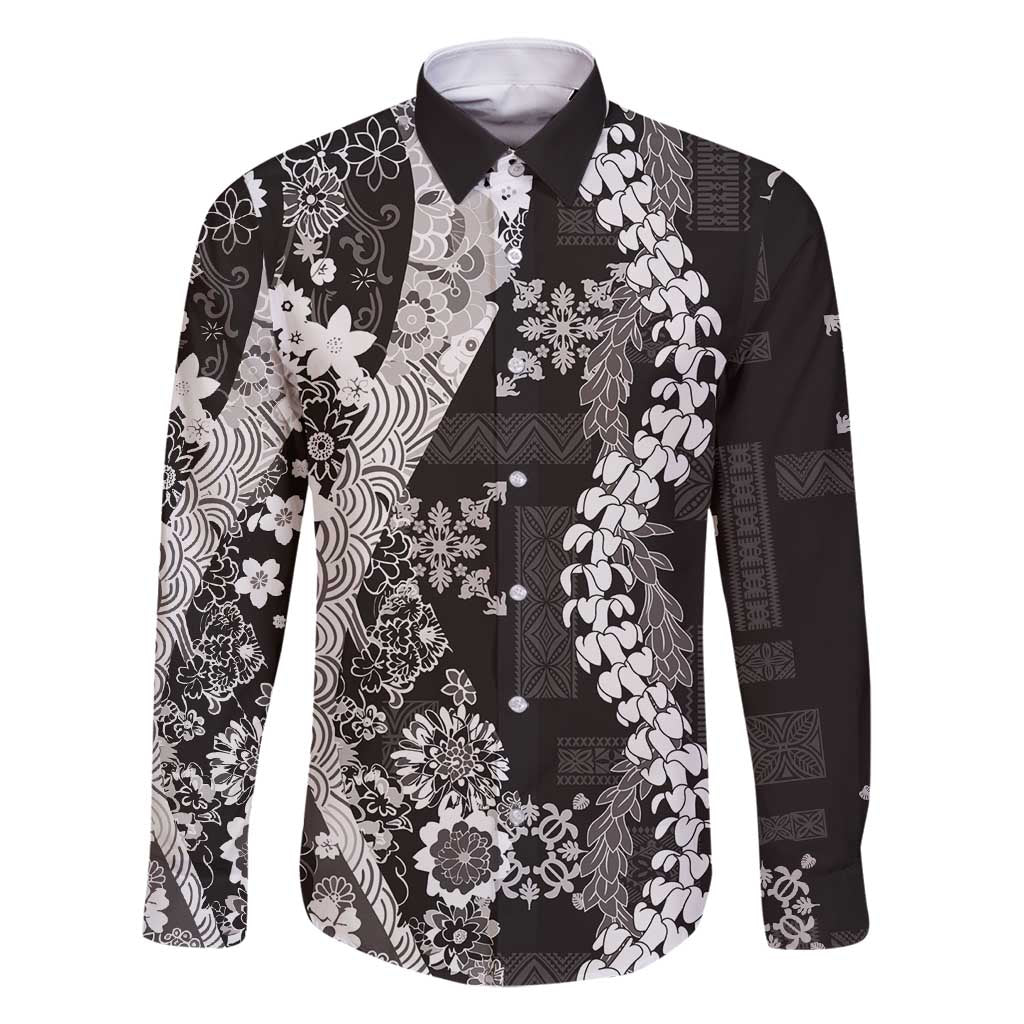 Hawaii Puakenikeni and Maile Lei Family Matching Long Sleeve Bodycon Dress and Hawaiian Shirt Black Japanese Wave Style - Polynesian Pride