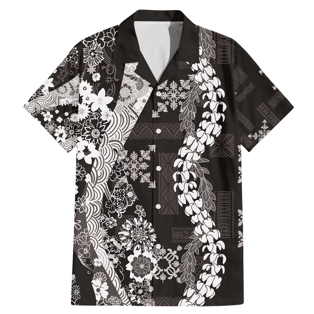 Hawaii Puakenikeni and Maile Lei Family Matching Mermaid Dress and Hawaiian Shirt Black Japanese Wave Style - Polynesian Pride