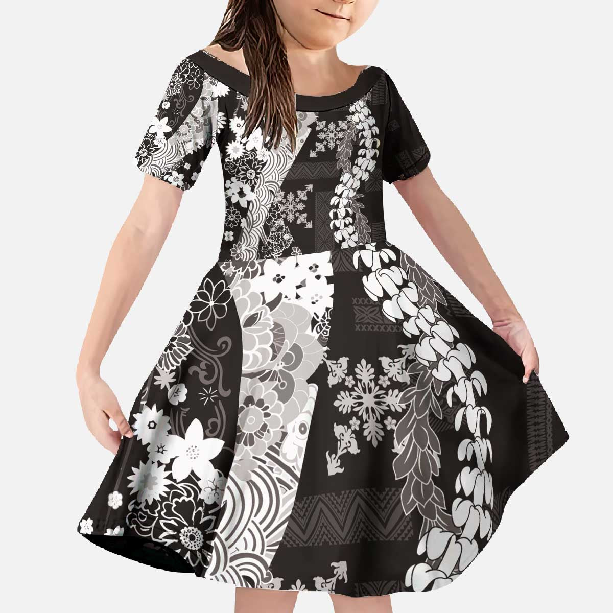 Hawaii Puakenikeni and Maile Lei Family Matching Off The Shoulder Long Sleeve Dress and Hawaiian Shirt Black Japanese Wave Style LT9 Daughter's Dress Black - Polynesian Pride