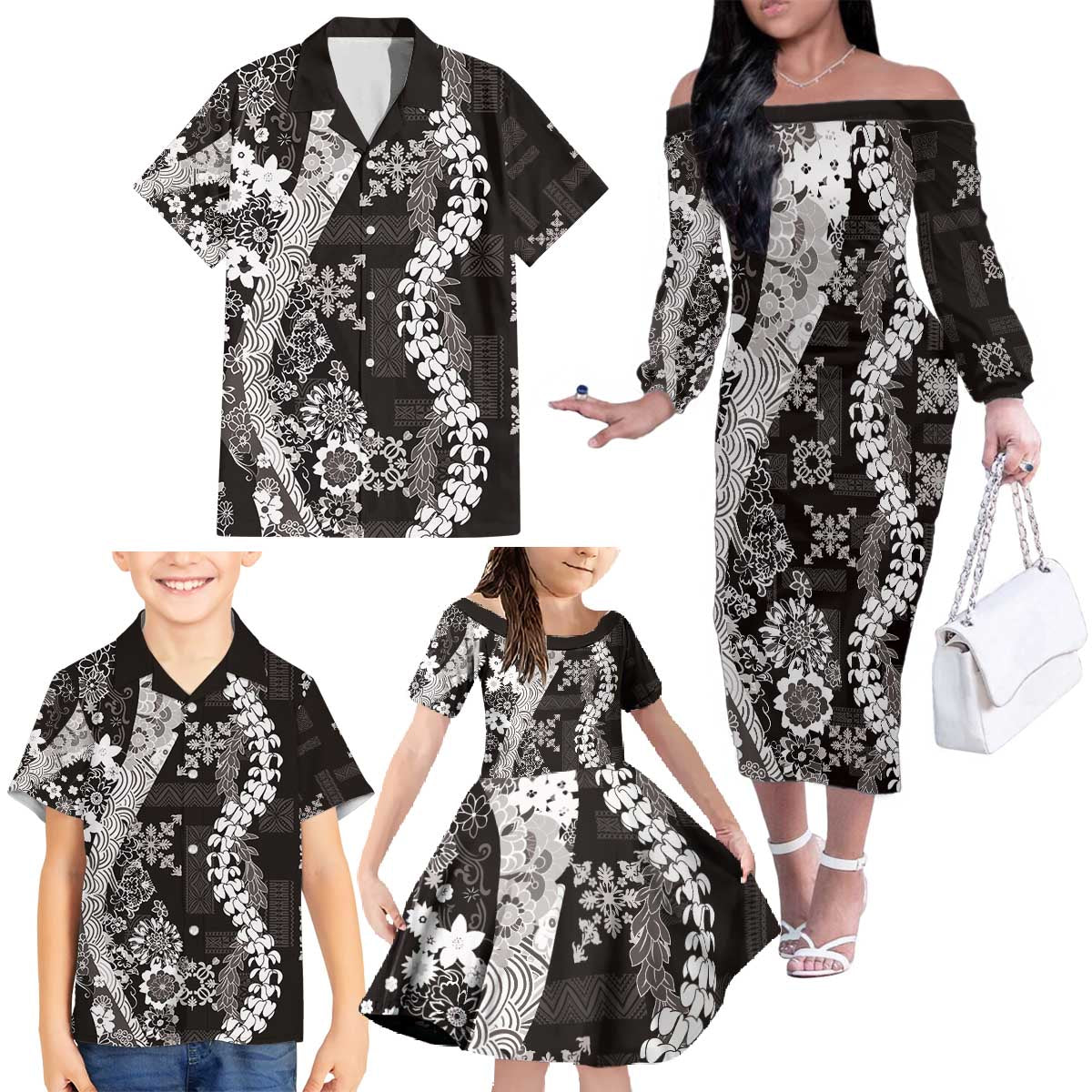 Hawaii Puakenikeni and Maile Lei Family Matching Off The Shoulder Long Sleeve Dress and Hawaiian Shirt Black Japanese Wave Style LT9 - Polynesian Pride