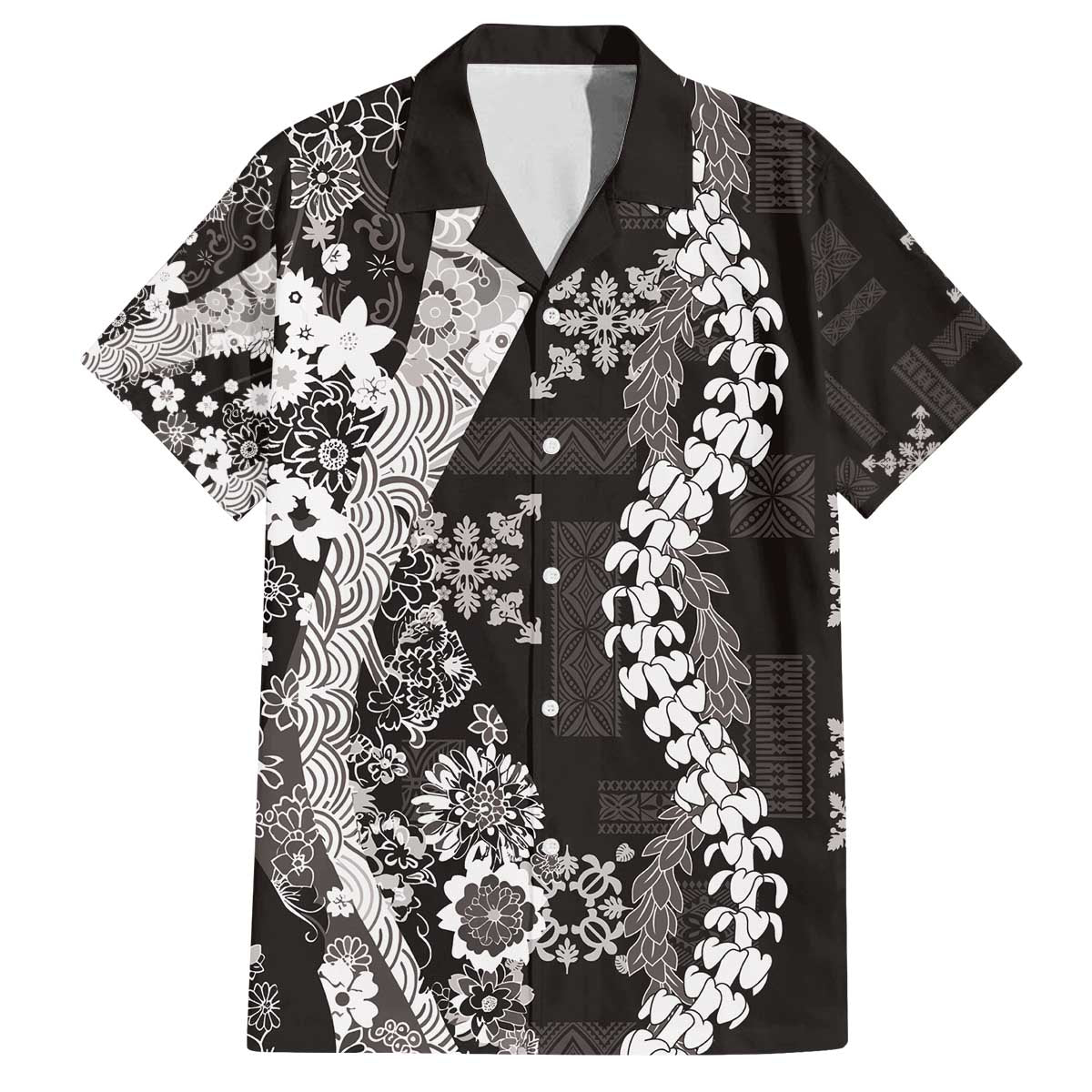 Hawaii Puakenikeni and Maile Lei Family Matching Off The Shoulder Long Sleeve Dress and Hawaiian Shirt Black Japanese Wave Style LT9 Dad's Shirt - Short Sleeve Black - Polynesian Pride
