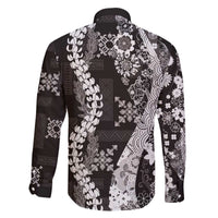 Hawaii Puakenikeni and Maile Lei Family Matching Off The Shoulder Long Sleeve Dress and Hawaiian Shirt Black Japanese Wave Style LT9 - Polynesian Pride
