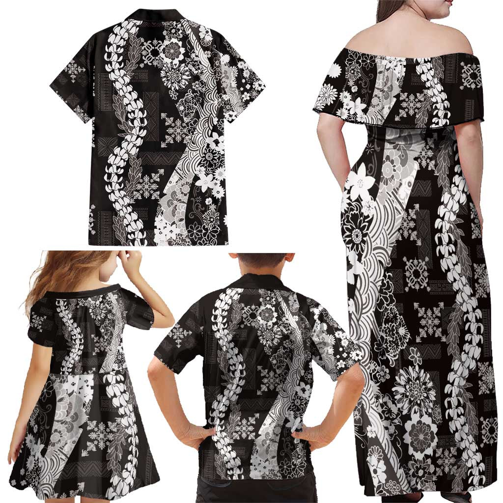 Hawaii Puakenikeni and Maile Lei Family Matching Off Shoulder Maxi Dress and Hawaiian Shirt Black Japanese Wave Style - Polynesian Pride