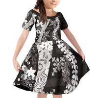 Hawaii Puakenikeni and Maile Lei Family Matching Off Shoulder Short Dress and Hawaiian Shirt Black Japanese Wave Style - Polynesian Pride