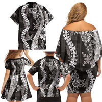 Hawaii Puakenikeni and Maile Lei Family Matching Off Shoulder Short Dress and Hawaiian Shirt Black Japanese Wave Style - Polynesian Pride