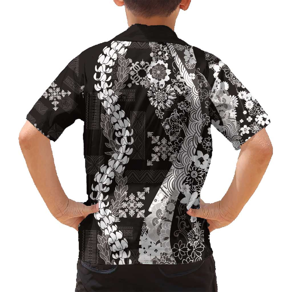 Hawaii Puakenikeni and Maile Lei Family Matching Puletasi and Hawaiian Shirt Black Japanese Wave Style LT9 - Polynesian Pride