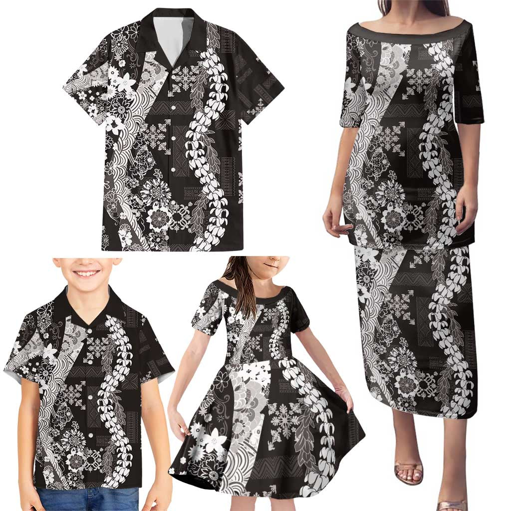 Hawaii Puakenikeni and Maile Lei Family Matching Puletasi and Hawaiian Shirt Black Japanese Wave Style LT9 - Polynesian Pride