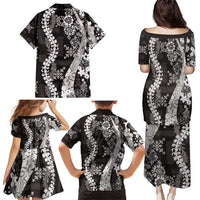 Hawaii Puakenikeni and Maile Lei Family Matching Puletasi and Hawaiian Shirt Black Japanese Wave Style LT9 - Polynesian Pride