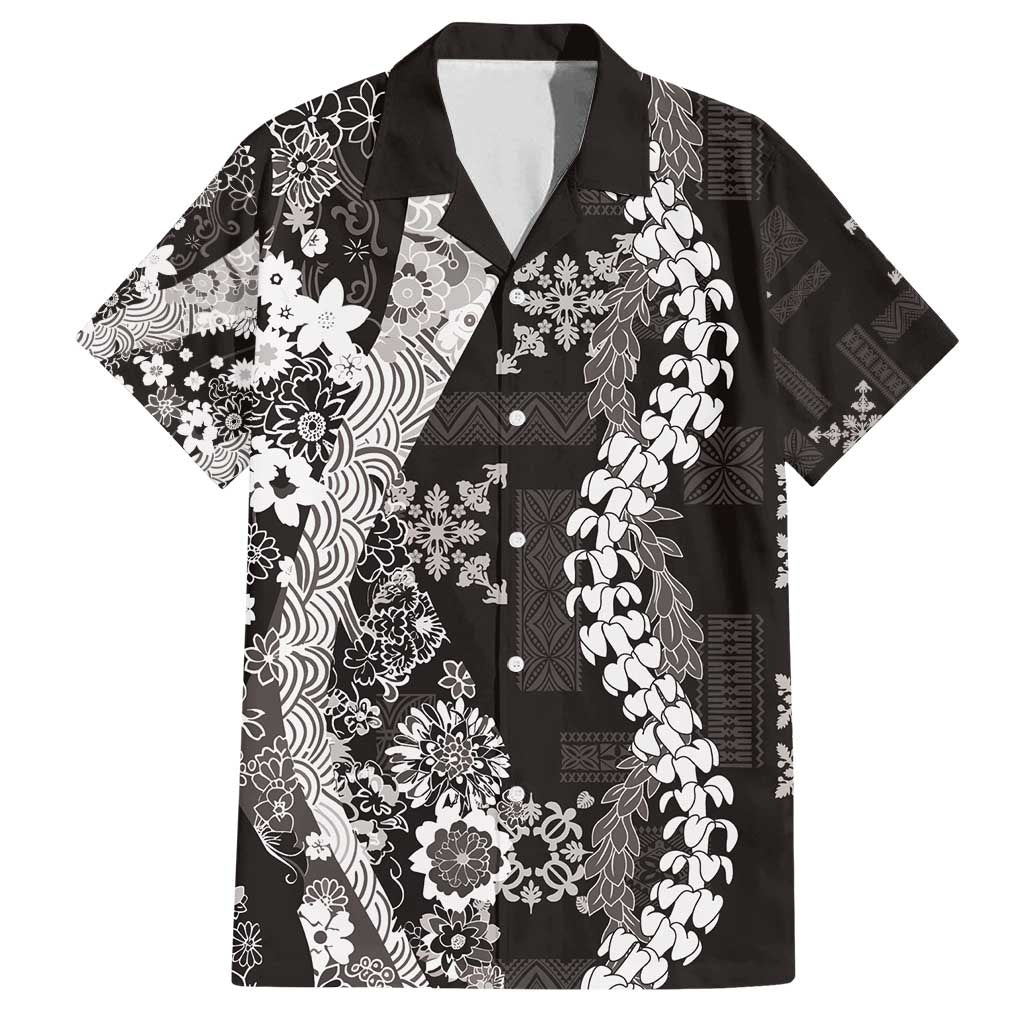 Hawaii Puakenikeni and Maile Lei Family Matching Puletasi and Hawaiian Shirt Black Japanese Wave Style LT9 Dad's Shirt - Short Sleeve Black - Polynesian Pride