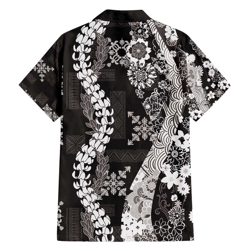 Hawaii Puakenikeni and Maile Lei Family Matching Puletasi and Hawaiian Shirt Black Japanese Wave Style LT9 - Polynesian Pride