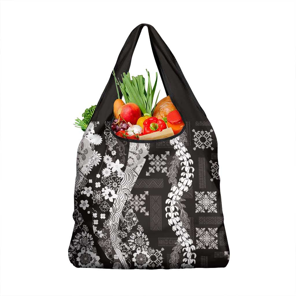 Hawaii Puakenikeni and Maile Lei Grocery Bag Black Japanese Wave Style - Polynesian Pride