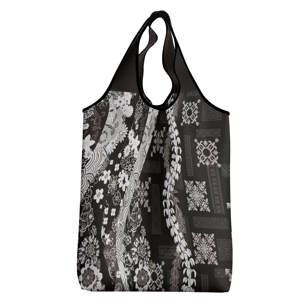 Hawaii Puakenikeni and Maile Lei Grocery Bag Black Japanese Wave Style - Polynesian Pride