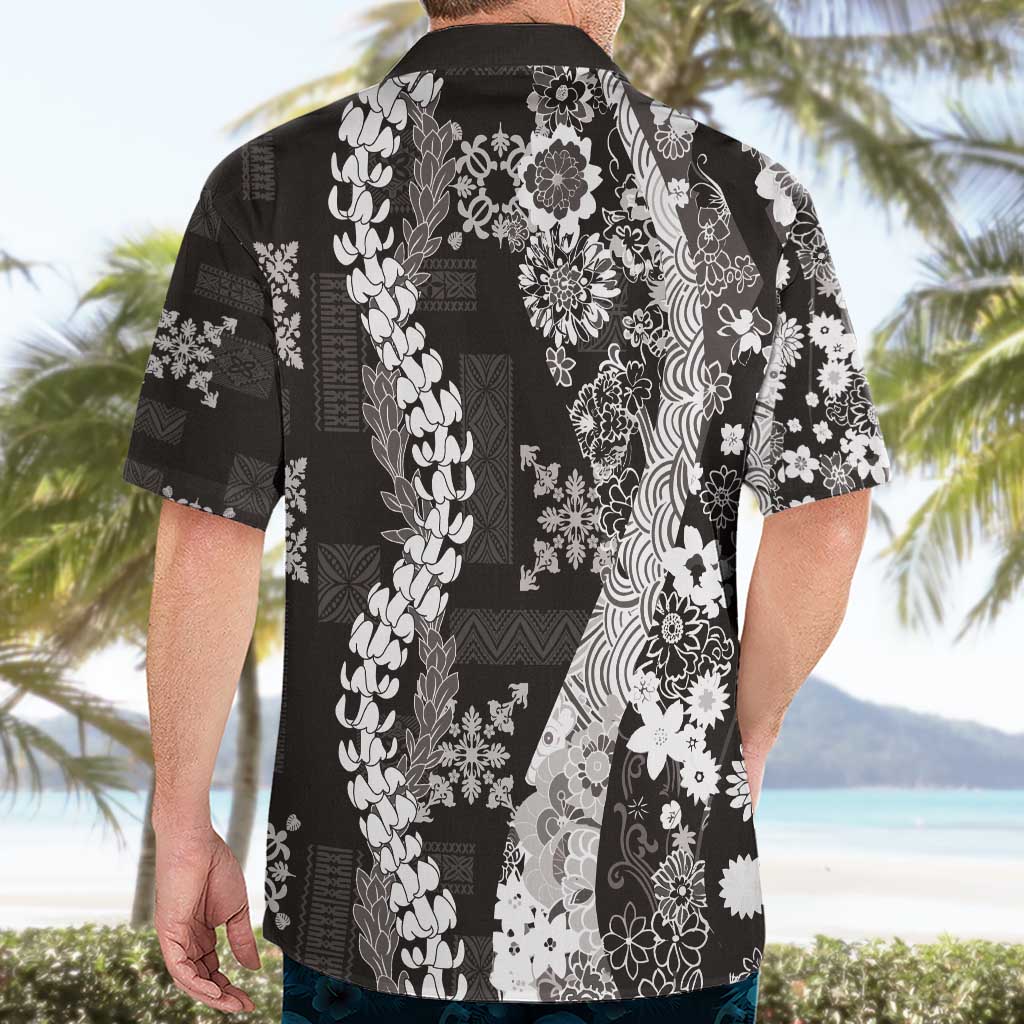 Hawaii Puakenikeni and Maile Lei Hawaiian Shirt Black Japanese Wave Style - Polynesian Pride