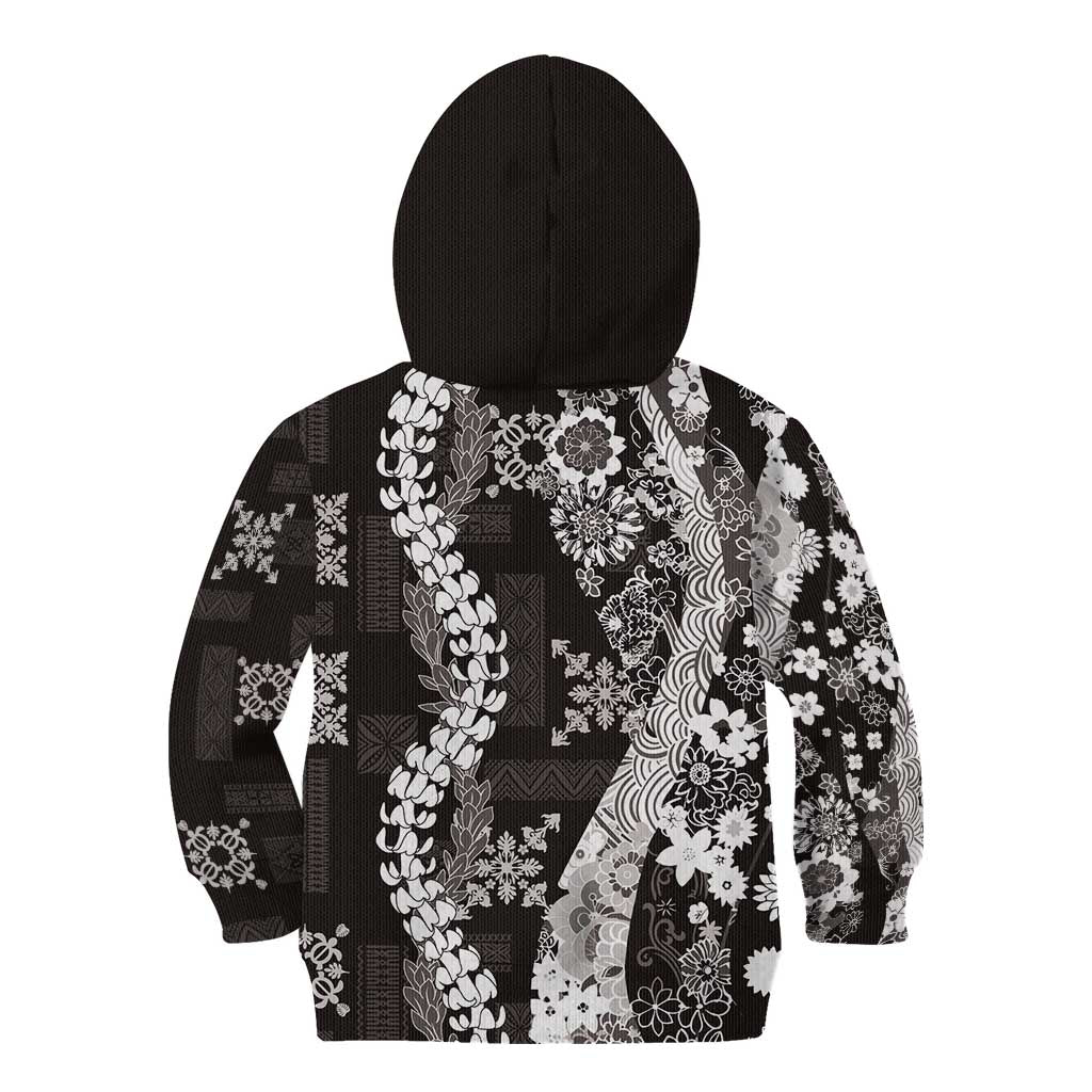 Hawaii Puakenikeni and Maile Lei Kid Hoodie Black Japanese Wave Style - Polynesian Pride