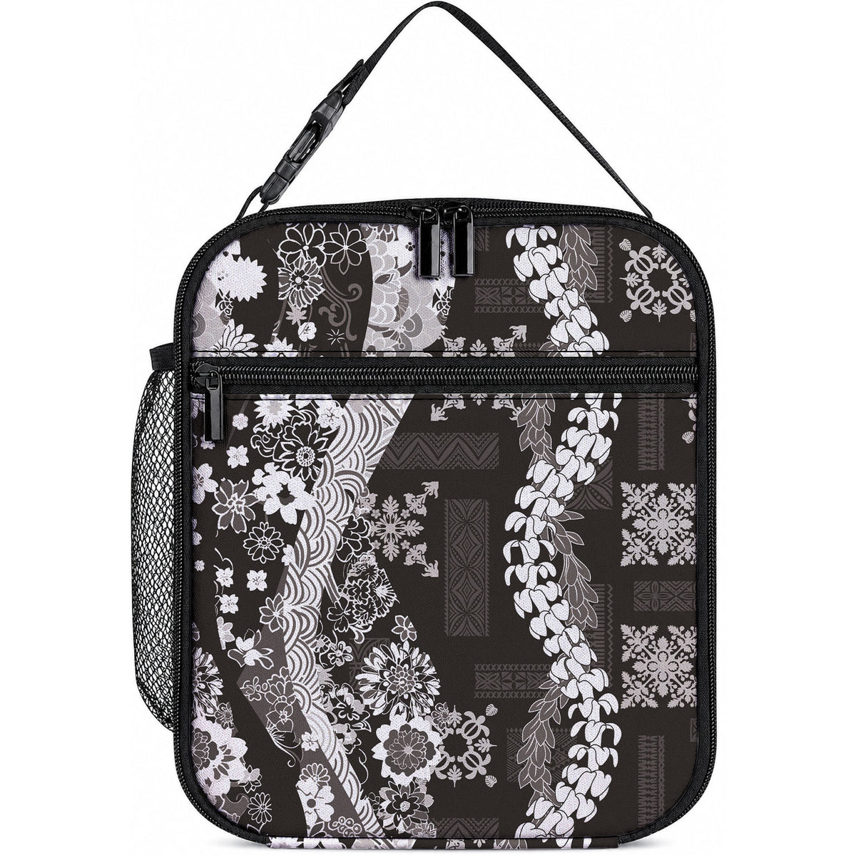 Hawaii Puakenikeni and Maile Lei Lunch Bag Black Japanese Wave Style LT9 10.2 × 8.3 × 4.3 inch Black - Polynesian Pride