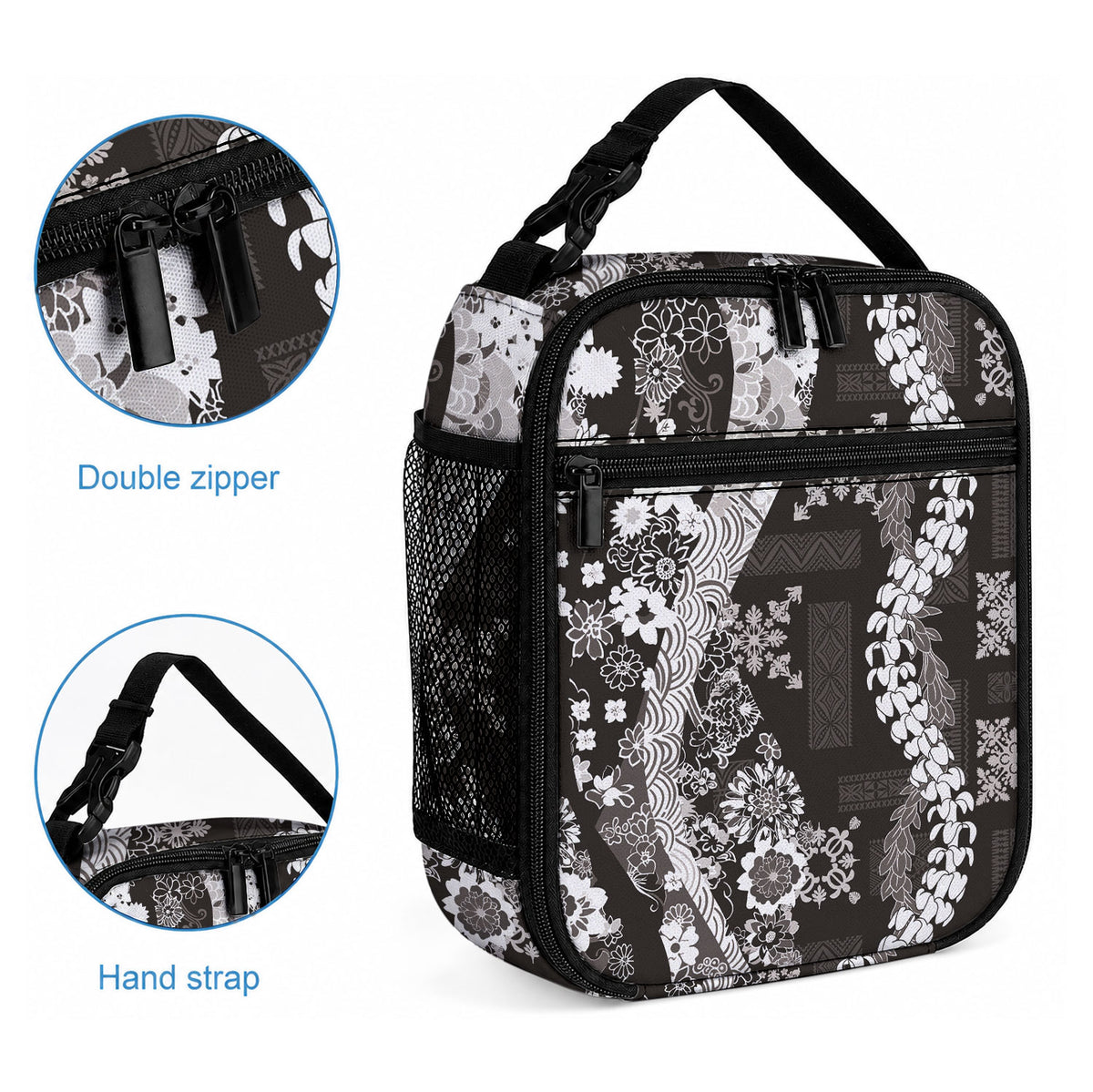 Hawaii Puakenikeni and Maile Lei Lunch Bag Black Japanese Wave Style LT9 - Polynesian Pride