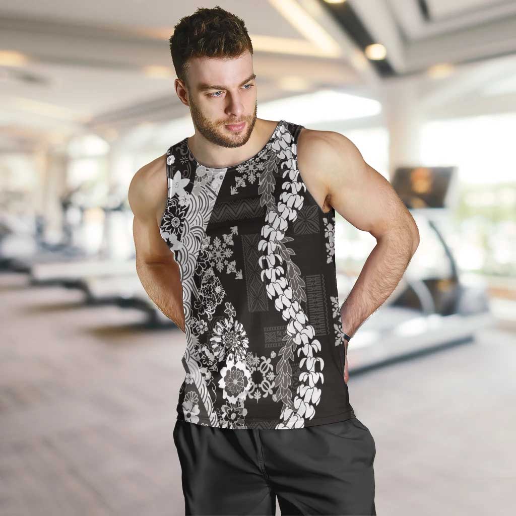 Hawaii Puakenikeni and Maile Lei Men Tank Top Black Japanese Wave Style - Polynesian Pride