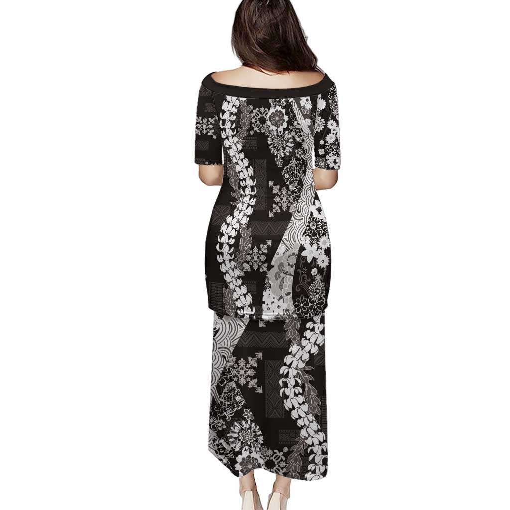 Hawaii Puakenikeni and Maile Lei Puletasi Black Japanese Wave Style - Polynesian Pride