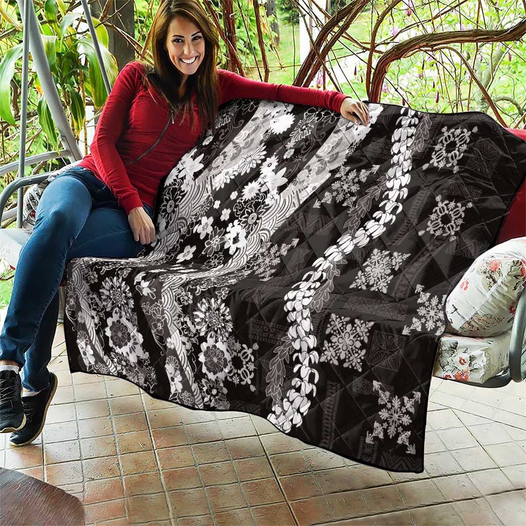 Hawaii Puakenikeni and Maile Lei Quilt Black Japanese Wave Style - Polynesian Pride