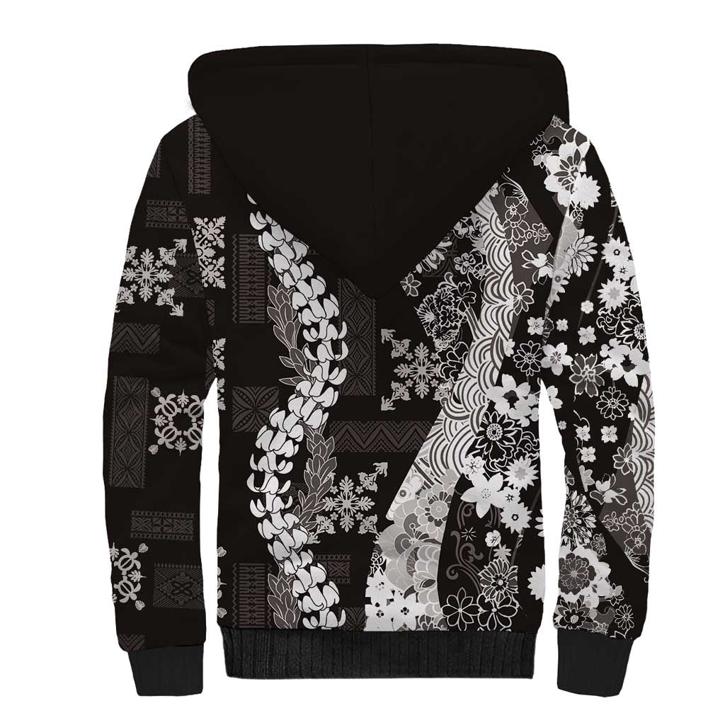 Hawaii Puakenikeni and Maile Lei Sherpa Hoodie Black Japanese Wave Style - Polynesian Pride