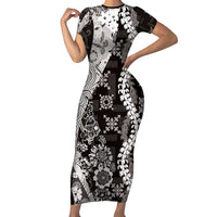 Hawaii Puakenikeni and Maile Lei Short Sleeve Bodycon Dress Black Japanese Wave Style - Polynesian Pride