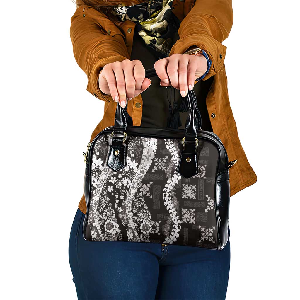 Hawaii Puakenikeni and Maile Lei Shoulder Handbag Black Japanese Wave Style - Polynesian Pride