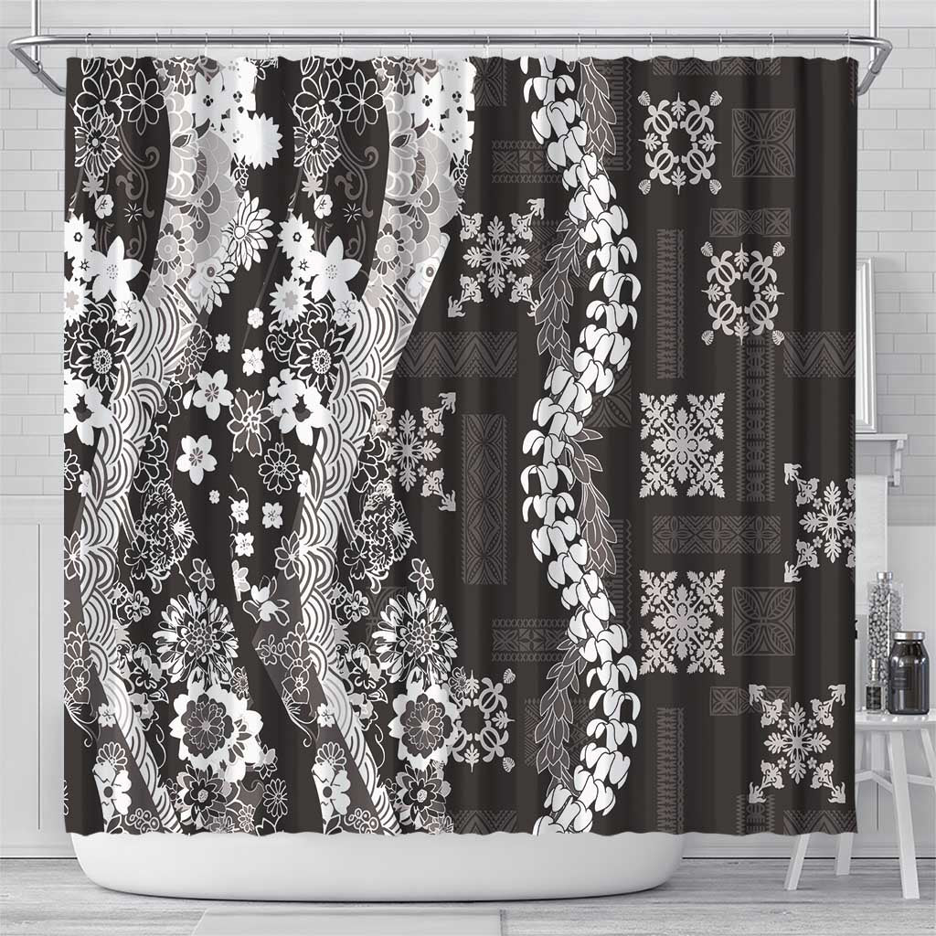Hawaii Puakenikeni and Maile Lei Shower Curtain Black Japanese Wave Style - Polynesian Pride