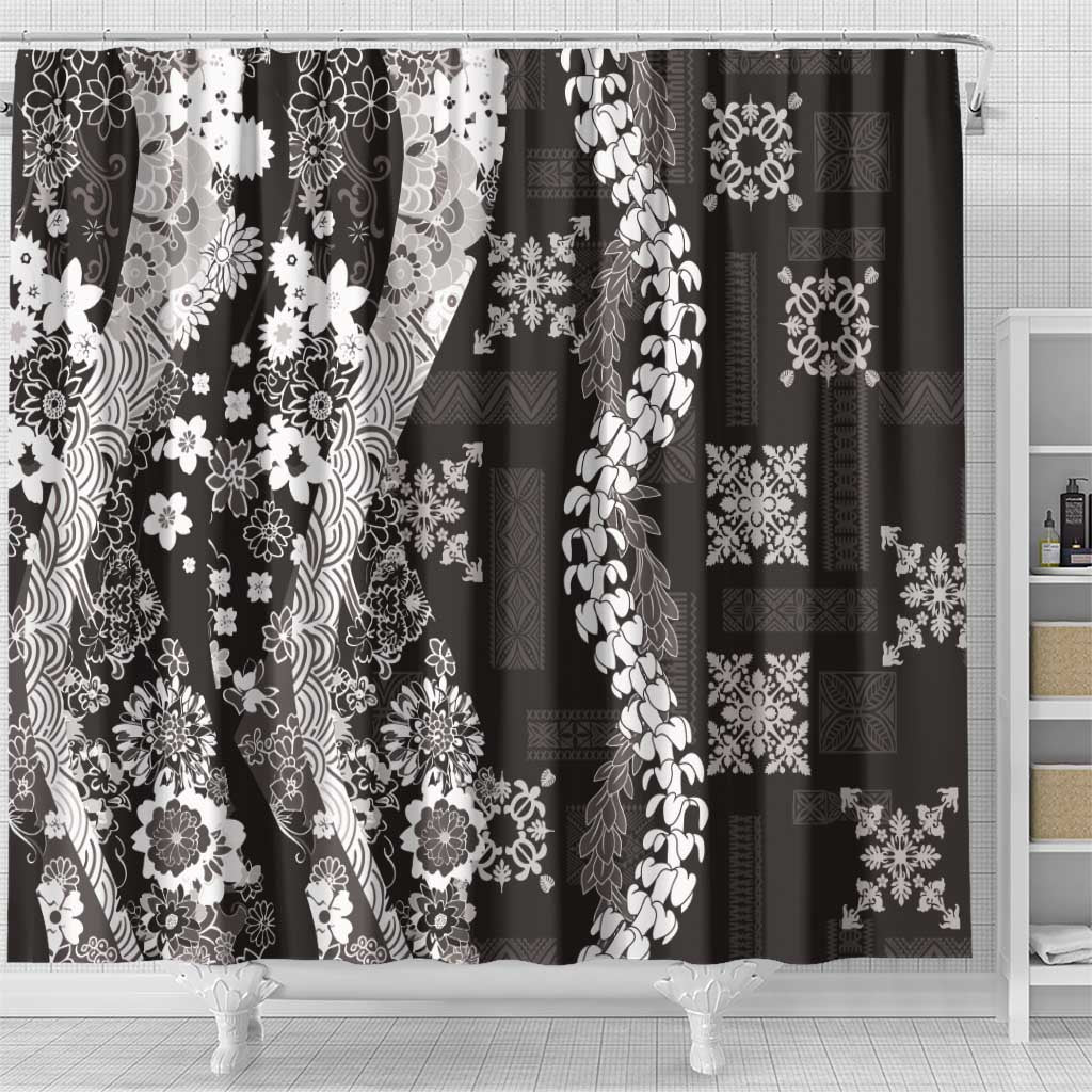 Hawaii Puakenikeni and Maile Lei Shower Curtain Black Japanese Wave Style - Polynesian Pride