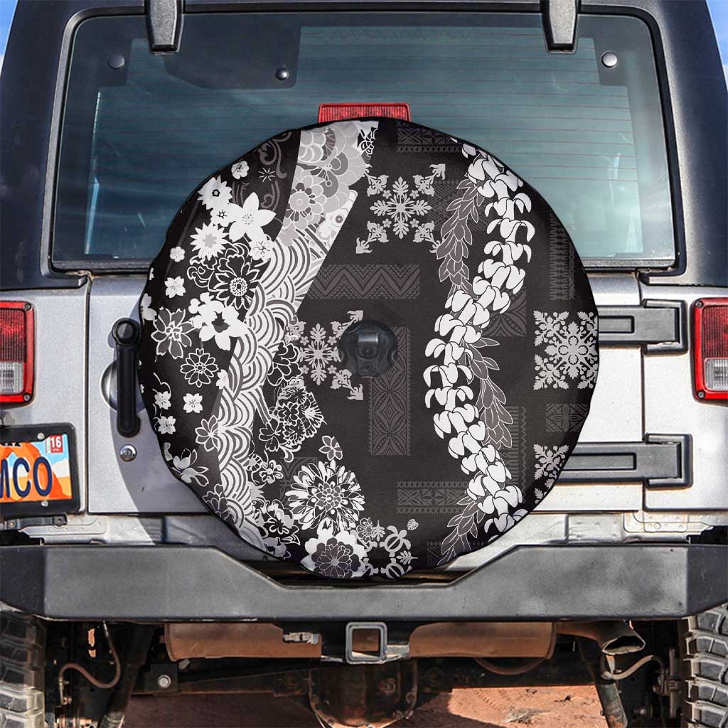 Hawaii Puakenikeni and Maile Lei Spare Tire Cover Black Japanese Wave Style - Polynesian Pride