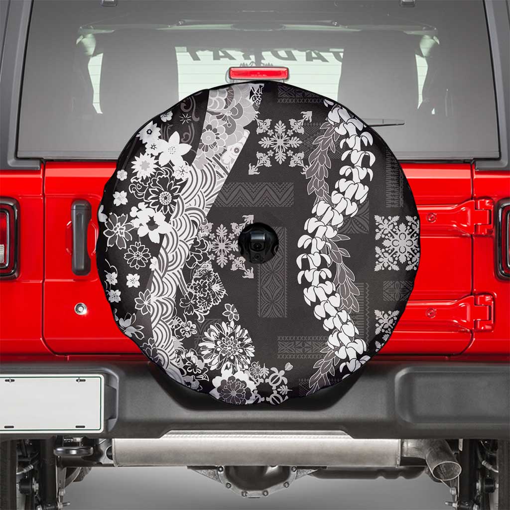Hawaii Puakenikeni and Maile Lei Spare Tire Cover Black Japanese Wave Style - Polynesian Pride
