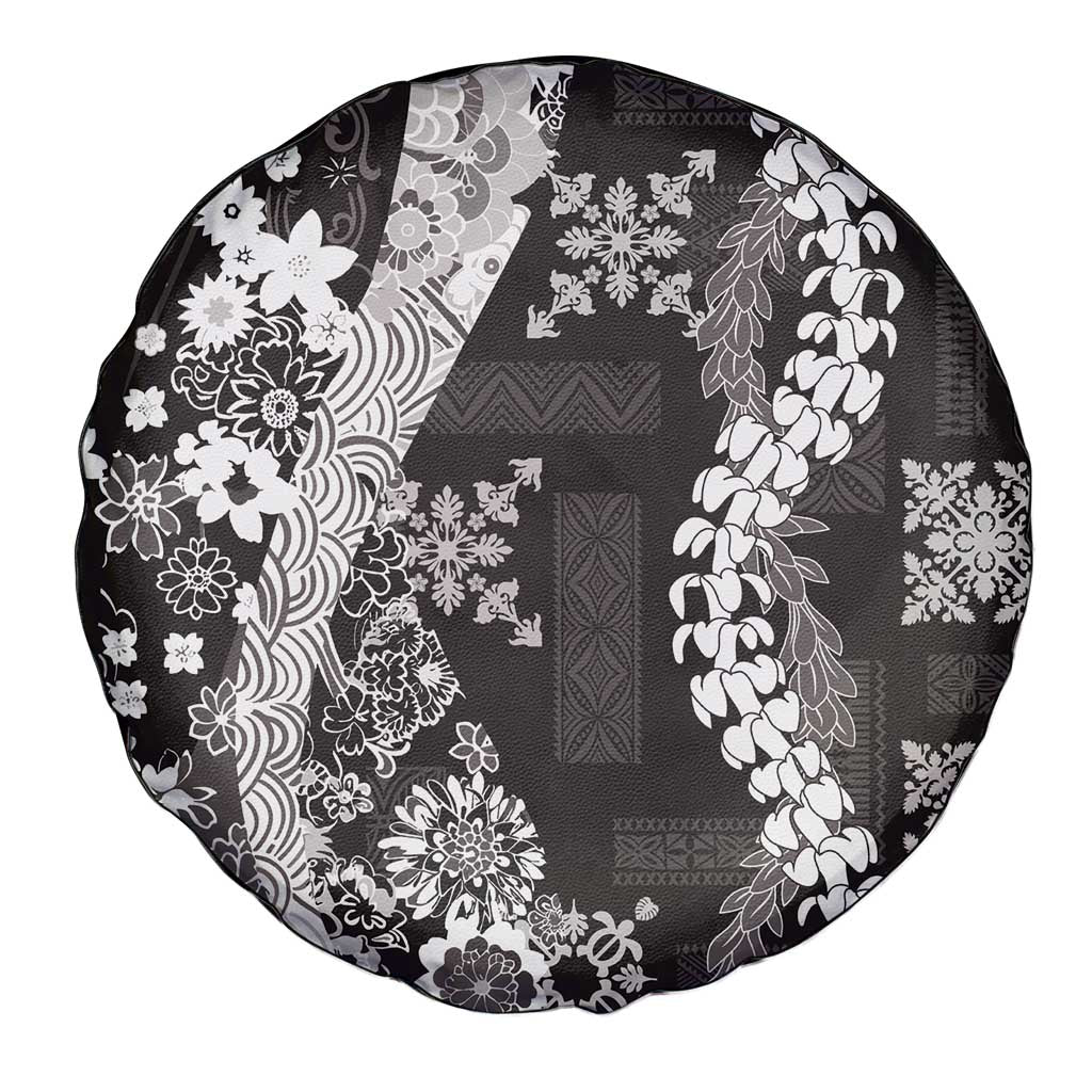 Hawaii Puakenikeni and Maile Lei Spare Tire Cover Black Japanese Wave Style - Polynesian Pride